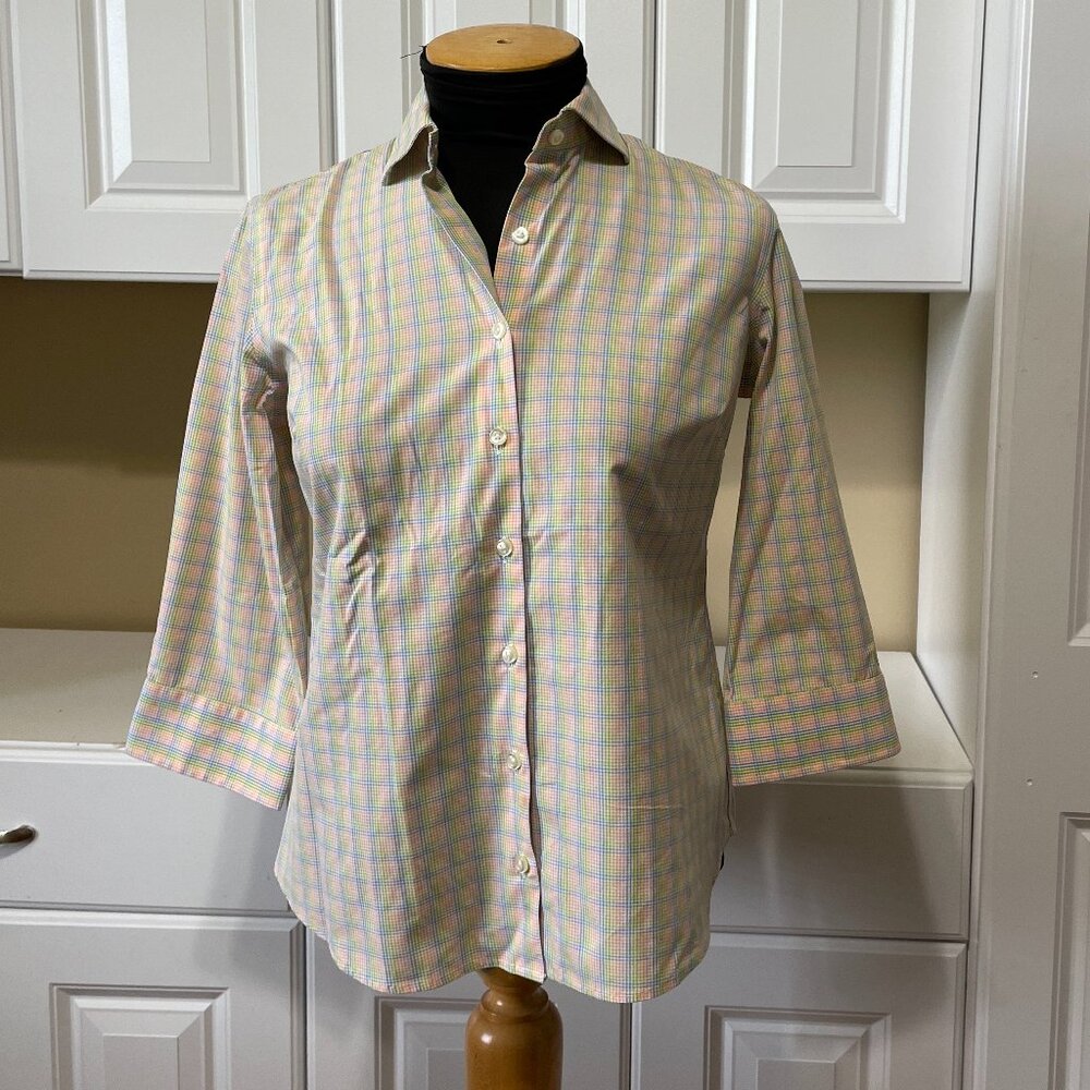 Lands End Petite Button Up Shirt Blouse Womens Size 4P Cotton Blend Plaid